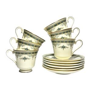 Minton “Grasmere Blue” Set of 6 Bone China Teacups 3” 6oz & Saucers 5 3/4”